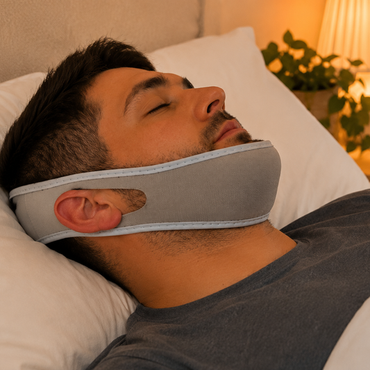 Banda antirronquidos ajustable Sleepnx — hombre durmiendo en silencio